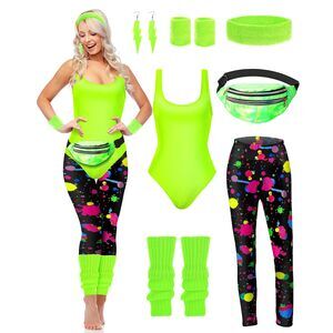 3955 7 Pcs 80s Workout Costume 80s Accessoriess Set 90s Leotard